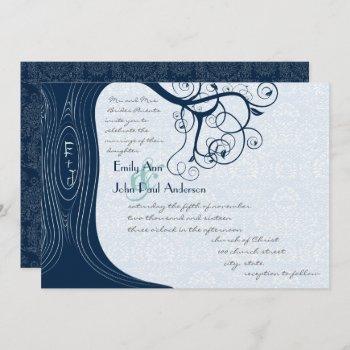 navy tree swirls  wedding invitation