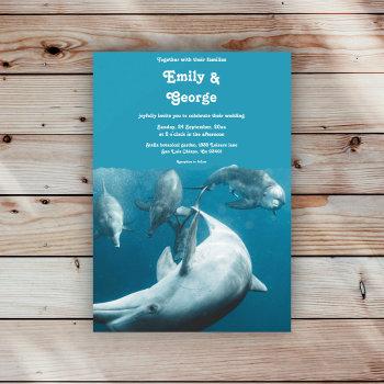 navy underwater playful dolphins sea beach wedding invitation