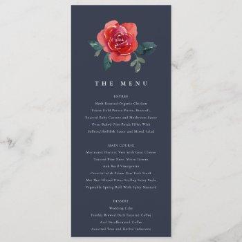 Small Navy Watercolor Red Green Rose Floral Wedding Menu Front View