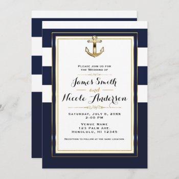 navy white & gold anchor nautical stripes wedding invitation