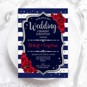 navy white red silver wedding invitation