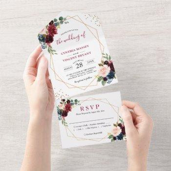 navy wine red floral geo wedding (no env needed) all in one invitation