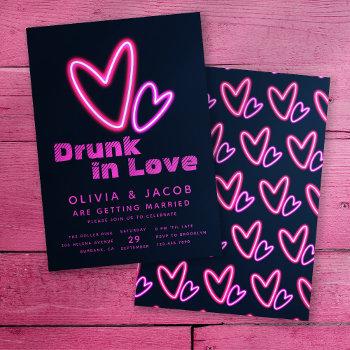 neon pink hearts drunk in love wedding shower invitation