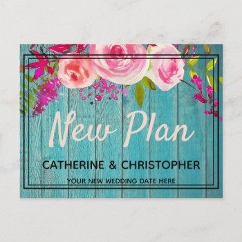 Small New Plan Rustic Blue Wood Floral Wedding Postponed Post Front View