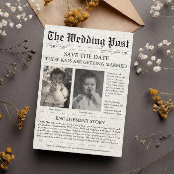 Small Newspaper Funny Unique Kids Save The Date Wedding Front View