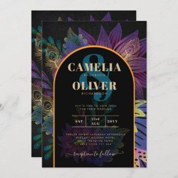 noir peacock jewel tones floral wedding invitation