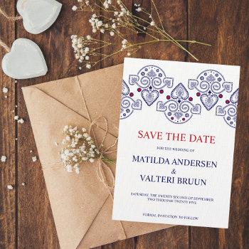 nordic folk art scandi navy wedding save the date invitation