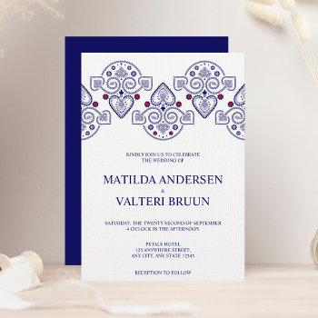 nordic folk art scandinavian navy red wedding invitation