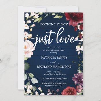 nothing fancy just love wedding navy blue floral invitation