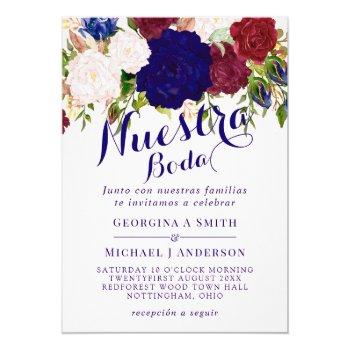 Small Nuestra Boda Invitacion Burgundy Blue Pink Floral Front View