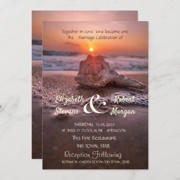 ocean beach sunset seashell wedding invitation