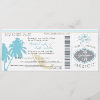 ocean blue palm tree  mexico wedding boarding pass invitation