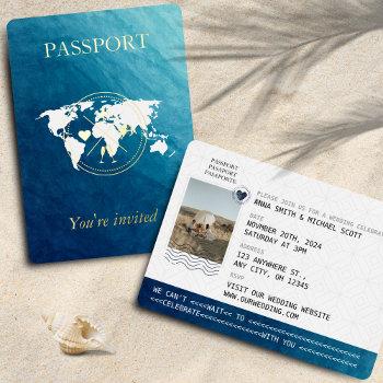 Small Ocean & Gold Passport Destination Wedding Photo Foil Front View