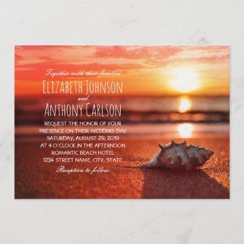 ocean seashell sunset beach themed wedding invitation