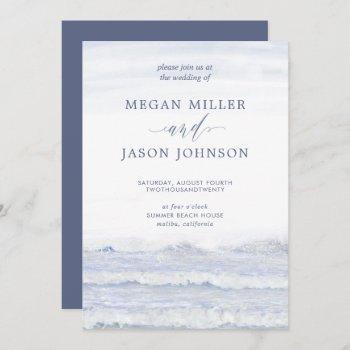 ocean waves, blue, white watercolor wedding invitation