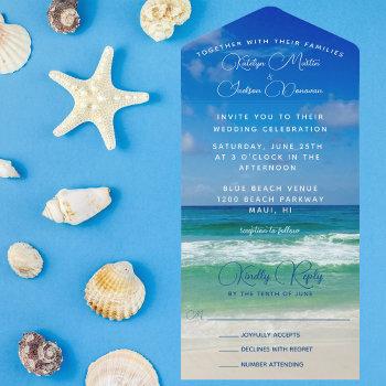 ocean waves photo chic tropical beach blue wedding all in one invitation
