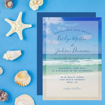 ocean waves photo chic tropical beach blue wedding invitation