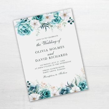 off-white teal floral wedding invitation