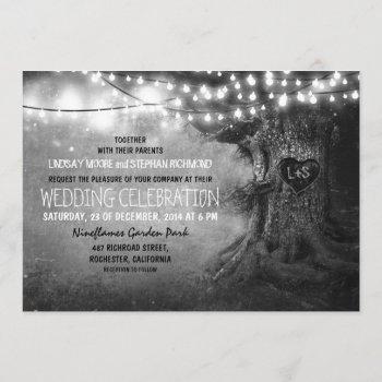 old carved tree twinkle lights rustic wedding invitation