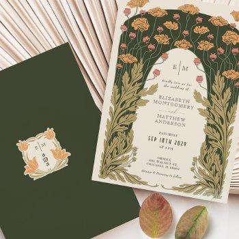 olive & orange wedding vintage art nouveau floral invitation