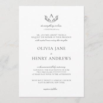 olivia elegant gray monogram catholic wedding invitation