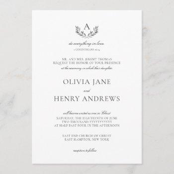 olivia elegant gray monogram christian wedding invitation