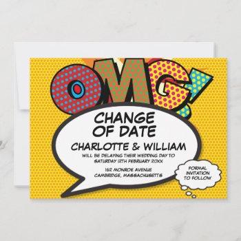 Small Omg Postponed Change Of Date Comic Book Pop Art Save The Date Front View