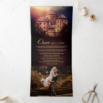 once upon a time fairytale castle wedding photo tri-fold invitation