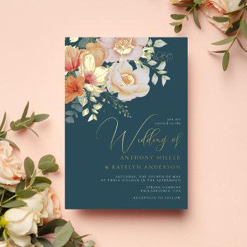orange and teal blue spring peach floral wedding foil invitation