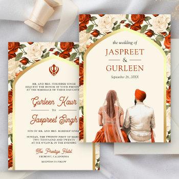 orange floral punjabi anand karaj sikh wedding invitation