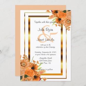 orange flowers on white wedding invitations