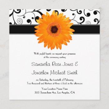 orange gerbera daisy black scroll design wedding invitation