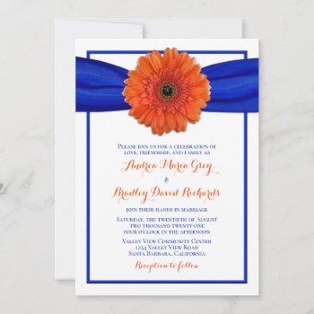 orange gerbera daisy blue wedding invitation