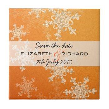 Small Orange Snowflakes Christmas Save The Date Tile Front View