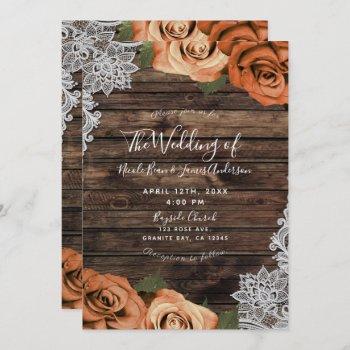 orange spice floral roses rustic wood lace wedding invitation