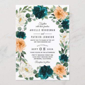 orange teal turquoise blue elegant floral wedding invitation