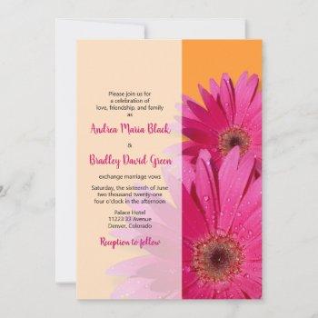 orange with pink gerbera daisy wedding invitation