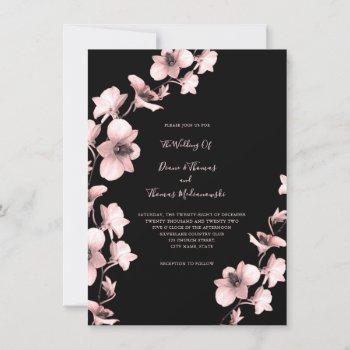 orchid sangria tint on black wedding invitation