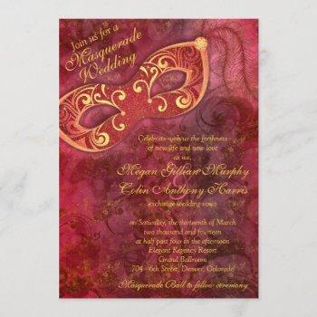 ornate burgundy gold masquerade ball wedding invitation