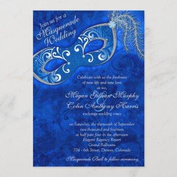 ornate cobalt blue silver masquerade ball wedding invitation
