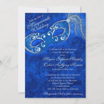 ornate cobalt blue silver masquerade ball wedding invitation