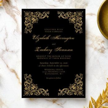ornate corners black gold wedding invitation