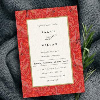 ornate red classy floral peacock pattern wedding invitation