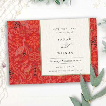 Small Ornate Red Classy Floral Peacock Save The Date Front View