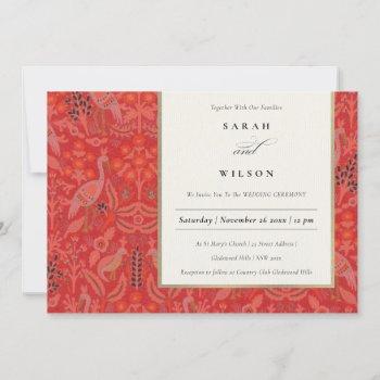 Small Ornate Red Classy Floral Peacock Wedding Invite Front View