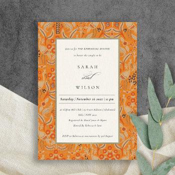 Small Ornate Rust Floral Peacock Rehearsal Dinner Invite Front View