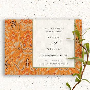 ornate rust red floral peacock save the date card