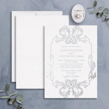 ornate silver floral line art monogram wedding foil invitation