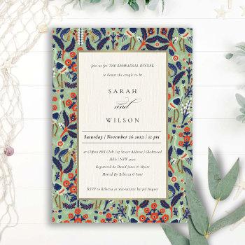 Small Ornate Teal Floral Bird Rehearsal Dinner Invite Front View