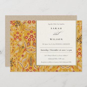 ornate yellow gold classy floral peacock wedding invitation